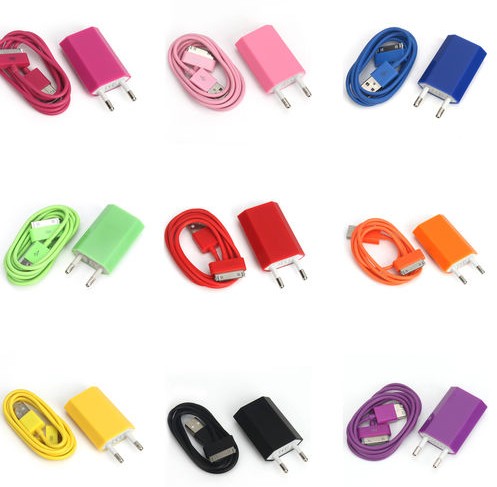 10 Colors EU Plug Wall Charger Adapter+USB Data Sync Cable For iPhone 1 2 3 4 4S